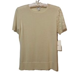 Lewit Meriino Wool Silk Lime Floral Lace Office Short Sleeve Knitted Sweater Top